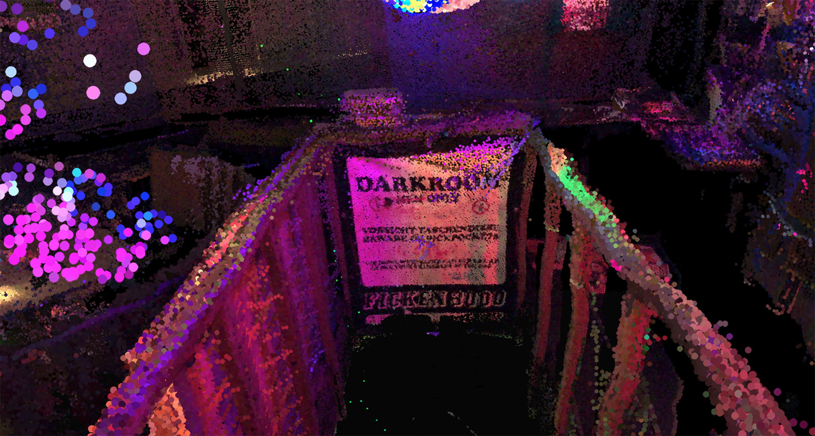 A still point cloud image of the Darmroom at Ficken 3000 from Artist Benjamin Busch's VR work, Scanning the Horizon 
